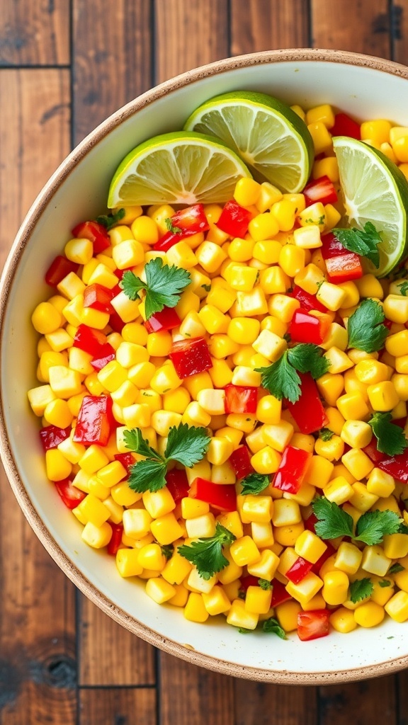 A vibrant corn salad with corn, red bell peppers, and cilantro in a bowl, garnished with lime wedges.